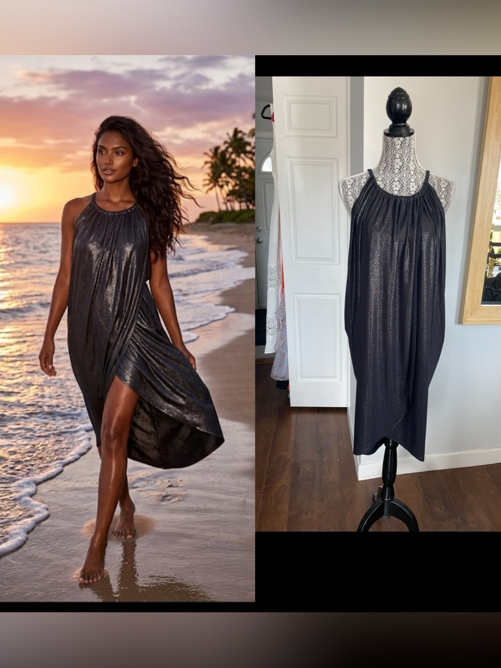 Vintage MagicSuit Large Sparkly Stretchy Cocoon Wrap Beach Cover Up Dress Black